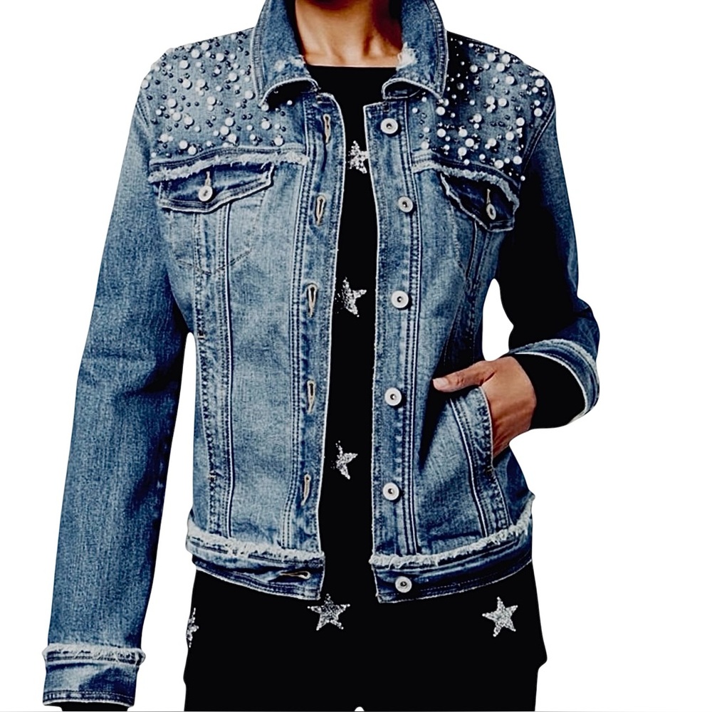 Embellished Jean Jacket Blue Denim Pearly Studs Fringe Whimsical Festival Size S